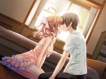  1girl ahoge bed between_legs bookshelf breasts casual closed_eyes couple curtains dress game_cg hand_between_legs hetero hinata_terrace kiss marui_(koedame) medium_breasts ponytail room window yaotome_mai 