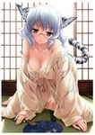  absurdres all_fours animal_ears bare_shoulders barefoot black_eyes breasts cleavage collarbone fan glasses hashimoto_takashi highres japanese_clothes kimono large_breasts looking_at_viewer off_shoulder original paper_fan rimless_eyewear scan seductive_smile short_hair silver_hair smile solo tail tatami tiger_ears tiger_tail uchiwa yukata 