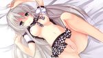  anus bad_id bad_pixiv_id breasts censored checkered checkered_skirt green_eyes grey_hair haiyore!_nyaruko-san icywood long_hair lying medium_breasts navel nipples no_panties nyarlathotep_(nyaruko-san) on_back pussy shirt_lift skirt solo 