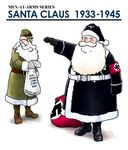  2boys armband beard black_santa_costume blue_eyes boots christmas coat facial_hair germany gloves green_santa_costume hard_translated hat hayami_rasenjin imperial_japanese_army japan male male_focus military military_cap military_hat military_uniform multiple_boys nazi nazi_salute sack santa_claus santa_costume santa_hat straight-arm_salute swastika translated uniform white_background 