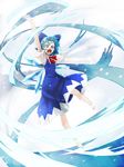  arm_above_head attack barefoot blue_eyes blue_hair cirno dress ice ice_wings open_mouth solo totteri touhou wings 