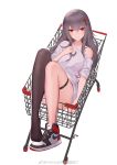  1girl black_legwear breasts feet hair_ornament highres long_hair lying off_shoulder on_back original pre_(17194196) red_eyes shirt shoes shopping_cart sidelocks simple_background single_shoe single_thighhigh small_breasts smile sneakers solo t-shirt thigh_strap thighhighs weibo_username white_background 