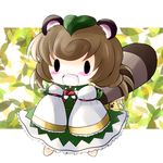  animal_ears blush brown_hair chibi fangs leaf leaf_on_head looking_at_viewer open_mouth original raccoon_ears raccoon_tail roku_(touhou) solid_circle_eyes solo tail touhou yume_shokunin 