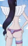  ass bare_back black_hair blue_sky cloud cloudy_sky day hand_on_hip head_out_of_frame laki_(one_piece) legband long_hair one_piece panties pink_panties sky solo tassel topless underwear wings 