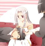  2girls bad_id bad_pixiv_id black_eyes black_hair bob_cut couch dress ear_cleaning emiya_kiritsugu erigamine fate/zero fate_(series) hisau_maiya irisviel_von_einzbern long_hair mimikaki multiple_girls red_eyes white_hair 