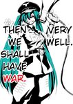  aqua_hair belt crazy_eyes evil_grin evil_smile gloves grin hard_translated hat hatsune_miku hellsing kamotama koi_wa_sensou_(vocaloid) long_hair megaphone military nazi parody peaked_cap red_eyes smile translated twintails uniform very_long_hair vocaloid 