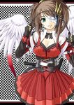  brown_hair character_request dress green_eyes magic:_the_gathering mask minazuki_jiyun red_dress smile solo whip white_wings wings 