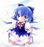  bloomers blue_eyes blue_hair bow cirno dress dress_lift hair_bow highres looking_at_viewer short_hair solo touhou underwear wading yume_shokunin 