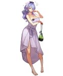  1girl bag bangs bare_arms bare_shoulders barefoot breasts camilla_(fire_emblem_if) cleavage dress feet fire_emblem fire_emblem_heroes fire_emblem_if full_body hair_ornament hair_over_one_eye hand_up highres holding large_breasts long_hair looking_at_viewer nintendo official_art purple_eyes purple_hair smile solo steam strapless strapless_dress toenails toes transparent_background 