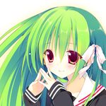  blush green_hair hair_ribbon long_hair lowres original red_eyes ribbon sakura_hanpen school_uniform serafuku smile solo steepled_fingers 