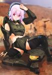  1girl absurdres arm_support armor blush breasts cg cosplay gun halo halo_(game) headphones helmet highres lavender_hair master_chief master_chief_(cosplay) nitroplus pink_eyes power_suit sitting solo sonico super_sonico tears thighhighs tsuji_santa underboob weapon 