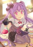  :d artemis_(harunoibuki) bad_id bad_pixiv_id black_gloves black_legwear cake checkerboard_cookie cookie feeding food fork fruit gloves harunoibuki heart holding holding_fork indoors long_hair macaron necktie open_mouth original pantyhose pink_eyes plant plate potted_plant pov_feeding purple_hair skirt smile solo strawberry strawberry_shortcake twintails window 