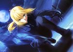  absurdres ahoge artoria_pendragon_(all) blonde_hair dutch_angle excalibur fate/zero fate_(series) formal gloves green_eyes highres invisible_air long_hair necktie newtype nose_shade official_art one_knee pant_suit ponytail reverse_trap saber scan serious solo sudou_tomonori suit sword weapon 