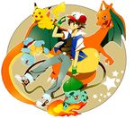  1boy baseball_cap boy bulbasaur charizard child hat pikachu poke_ball pokemon pokemon_(anime) satoshi_(pokemon) squirtle 