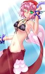  1girl absurdres blush bra breasts cleavage feather feathers fin fins green_eyes hat highres mamono_girl_lover mermaid merrow monster_girl monster_girl_encyclopedia pink_hair scales seashell shell smile solo underwear wink 