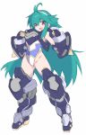  1girl :d antenna_hair armored_boots bangs blush boots eyebrows_visible_through_hair full_body gloves green_hair groin hair_between_eyes hair_ribbon hairband highleg highleg_leotard karukan_(monjya) leotard long_hair looking_at_viewer open_mouth purple_gloves red_eyes ribbon shinrabanshou shizuku_(shinrabanshou) simple_background smile solo standing thighhighs very_long_hair white_background white_hairband white_leotard white_ribbon 