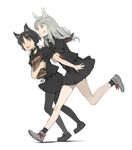  :d :q animal_ears black_hair briefcase brown_eyes choker hands_on_shoulders holding multiple_girls open_mouth original pantyhose running school_uniform silver_hair skirt smile tko_(kkk66) tongue tongue_out wolf_ears 
