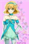  1girl bare_shoulders breasts character_name choker detached_sleeves flower frills green_eyes hairband natalia_luzu_kimlasca_lanvaldear orange_hair pantyhose pink_background rose smile tales_of_(series) tales_of_the_abyss 
