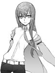  belt greyscale jacket long_hair makise_kurisu monochrome necktie shorts simple_background smile solo steins;gate unagimaru white_background 