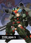  beam_rifle blue_hair blush brown_hair cannon energy_gun green_eyes gun gundam gundam_msv heavy_full_armor_gundam long_hair maro-n mecha_musume multiple_girls open_mouth perfect_zeong text_focus twintails weapon 