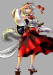  animal_ears bigfatycat detached_sleeves hand_on_hip hat inubashiri_momiji pom_pom_(clothes) shield short_hair silver_hair skirt smile solo sword tabi tail tokin_hat touhou weapon wolf_ears wolf_tail 