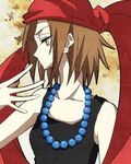  1girl bandanna bare_shoulders breasts brown_eyes brown_hair jewelry kyouyama_anna lowres necklace pearl shaman_king 