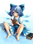  &gt;:( bad_id bad_pixiv_id barefoot bespectacled blue_eyes book bow cirno frown glasses hair_bow ice ice_wings reading sarekoube sitting solo touhou v-shaped_eyebrows wings 