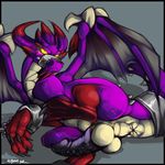  4_toes angry anus bdsm blush bondage bound chain claws dragon erection exposed feral horn kayla-na looking_at_viewer male malefor muzzle_(object) muzzled penis purple_dragon restraints solo spyro_the_dragon video_games wings yellow_eyes 