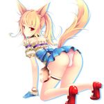  all_fours animal_ears ass blonde_hair blush collar elin_(tera) from_behind gloves looking_at_viewer looking_back mizunoto_nozumi panties pink_panties ponytail presenting red_eyes skirt solo spiked_collar spikes tail tears tera_online underwear white_background 