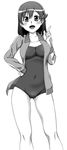  blush greyscale jacket kamogawa_girls'_high_school_swimsuit kyouno_madoka monochrome one-piece_swimsuit rinne_no_lagrange school_swimsuit smile solo swimsuit swimsuit_under_clothes track_jacket unagimaru 