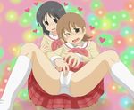  aioi_yuuko artist_request black_hair blush brown_eyes brown_hair drooling fingering grey_eyes highres hirondo kneehighs nichijou panties rubbing saliva school_uniform shinonome_nano short_hair spread_legs tears underwear wince winding_key yuri 