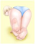  1girl ass barefoot bent_over blonde_hair blush feet looking_at_viewer looking_back mole one_eye_closed panties soles toes underwear yellow_eyes 