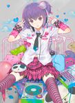  :d badge bed detached_sleeves fuyuno_haruaki headphones heart momochi_minami necktie open_mouth original pillow plaid plaid_skirt purple_eyes purple_hair side_ponytail sitting skirt smile solo star striped striped_legwear thighhighs 