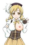  blonde_hair blush bow breast_slip breasts drill_hair elbow_gloves fingerless_gloves gloves hat large_breasts magical_girl mahou_shoujo_madoka_magica nipples one_breast_out open_clothes skirt smile solo tomoe_mami twin_drills twintails unagimaru yellow_eyes 