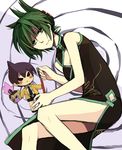  1girl 2boys bare_shoulders bason breasts chinese_clothes doll gatakuri green_eyes green_hair multiple_boys necktie school_uniform shaman_king tao_jun tao_ren 