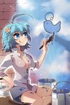  ahoge aqua_eyes aqua_hair bird blush breasts bucket cloud dress_shirt gart hand_on_hip holding huge_ahoge karpin lowres medium_breasts paint paint_can paintbrush painting shirt short_hair shorts sitting sleeves_rolled_up solo star sword_girls tongue tongue_out trim_brush 