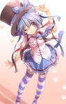  ;) animal_ears blue_(rbb) blue_eyes blue_hair cat_ears cat_tail hat hat_ribbon highres making_of necktie one_eye_closed original paw_print rainybluebell ribbon rojiko shirt short_hair skirt smile solo striped striped_legwear tail thighhighs top_hat 