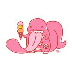  artist_name flat_color food gen_1_pokemon ice_cream ice_cream_cone lickitung long_tongue no_humans open_mouth pink pokemon pokemon_(creature) signature simple_background smile solo tongue triple_scoop van_tran white_background 