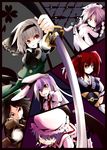  animal_ears arm_cannon black_hair border bow bunny_ears colorized fingernails fuurin_(omaemona) grey_hair grin hair_bow hat highres izayoi_sakuya knife konpaku_youmu long_fingernails long_hair looking_at_viewer multiple_girls necktie onozuka_komachi open_mouth purple_hair red_eyes red_hair reisen_udongein_inaba reiuji_utsuho remilia_scarlet sharp_teeth short_hair smile sword tears teeth touhou weapon windowboxed yume_shokunin 