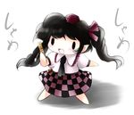  black_hair blush cellphone checkered chibi hair_ribbon hat himekaidou_hatate open_mouth phone ribbon skirt smile solid_circle_eyes solo tokin_hat touhou twintails yume_shokunin 