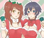  bad_id bad_pixiv_id blue_eyes blue_hair blush breasts brown_eyes christmas cleavage cleavage_cutout embarrassed kujikawa_rise large_breasts lips long_hair looking_at_viewer majoccoid multiple_girls persona persona_4 red_hair santa_costume shirogane_naoto short_hair smile twintails upper_body 