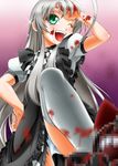  ahoge bad_id bad_pixiv_id blood blood_on_face blush censored censored_violence from_below green_eyes haiyore!_nyaruko-san highres huge_ahoge long_hair nyarlathotep_(nyaruko-san) open_mouth panties pixelated silver_hair solo stepping sumeragi_tomo thighhighs underwear white_legwear white_panties 