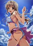  ass bikini breasts brown_eyes brown_hair cloud day fortune_arterial highres long_hair looking_back matsuryuu medium_breasts sky smile swimsuit yuuki_haruna 