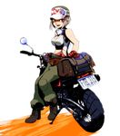  bag bare_arms bare_shoulders baseball_cap belt boots breasts brown_eyes cleavage crop_top goggles ground_vehicle hat license_plate light_brown_hair medium_breasts midriff motor_vehicle motorcycle navel okina open_mouth open_pants original simple_background sitting sleeveless solo suspenders tank_top 