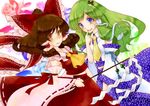  ascot bad_id bad_pixiv_id blue_eyes bow brown_eyes brown_hair detached_sleeves dutch_angle frog_hair_ornament gohei green_hair hair_bow hair_ornament hair_tubes hakurei_reimu kochiya_sanae midriff multiple_girls nishino_miyuki snake touhou 