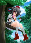  black_hair blush box dress_shirt fuji_tooya geta hat heart-shaped_box in_tree looking_at_viewer red_eyes shameimaru_aya shirt sitting sitting_in_tree skirt smile solo tokin_hat touhou tree valentine 