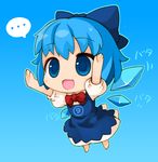  ... 1girl :d blue_background blue_eyes blue_hair chibi cirno dress flying ice ice_wings lowres open_mouth outstretched_arms ran_system smile solo speech_bubble spoken_ellipsis touhou wings 