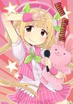  bad_id bad_pixiv_id blonde_hair brown_eyes futaba_anzu hat holding idolmaster idolmaster_cinderella_girls long_hair microphone otoutogimi skirt smile solo star striped striped_skirt stuffed_animal stuffed_bunny stuffed_toy twintails vest 