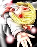  \||/ arms_up ascot blonde_hair colored_eyelashes darkness fangs hair_ribbon hands haseru_(ginku_mh) highres long_sleeves looking_back looking_up open_hand open_mouth red_eyes ribbon rumia short_hair skirt skirt_set smile solo touhou 