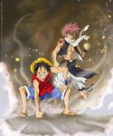  2boys black_eyes black_hair clenched_hand crossover fairy_tail fighting_stance fist hat male male_focus monkey_d_luffy multiple_boys muscle natsu_dragneel one_piece pink_hair sandals scar scarf sharp_teeth shorts smile steam straw_hat tattoo vest yellow_eyes 